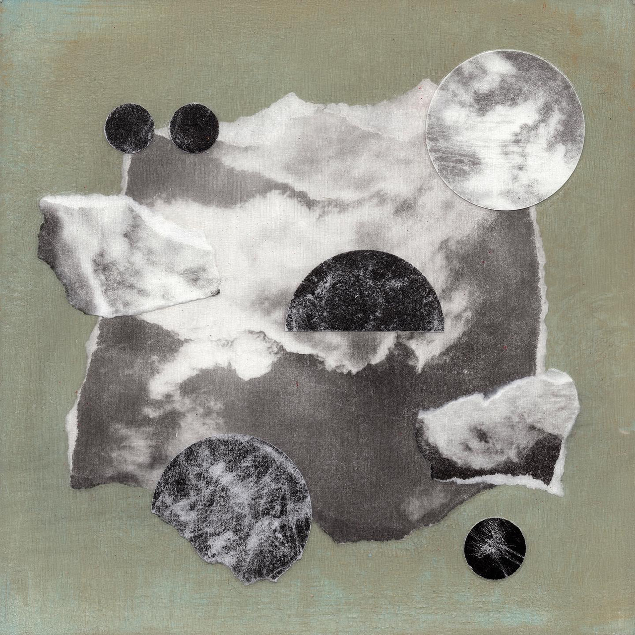 Torn cloud photographs and small circular cutouts arranged over a muted green background.