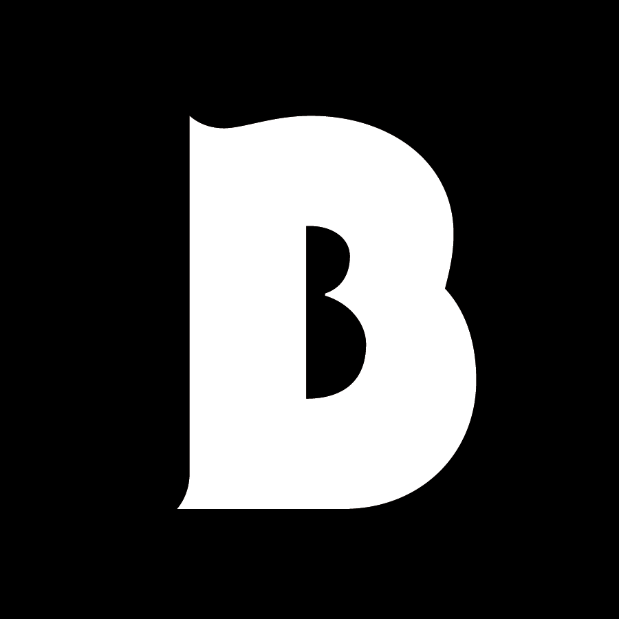 White capital B with broad curved bowls and pointed terminals on a black square.