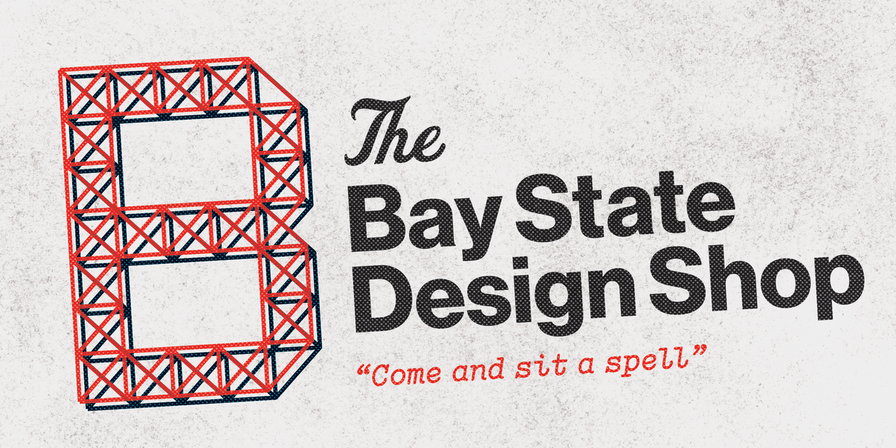 Bay State Design Shop lettering beside a large B drawn as a red-and-black lattice.