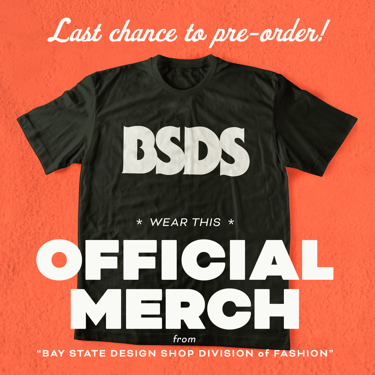 Black BSDS T-shirt on an orange background beneath white Official Merch lettering.