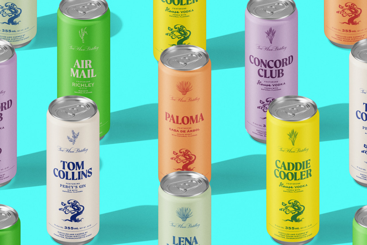 Tree House canned-cocktail packaging in green, yellow, lavender, cream and orange, arranged on a turquoise background.