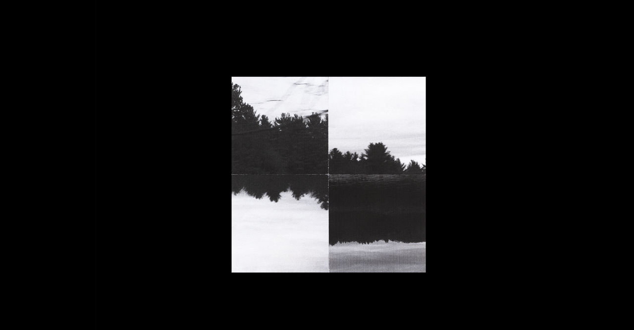 Small black-and-white lake and tree-line photograph split into offset rectangular sections on black.