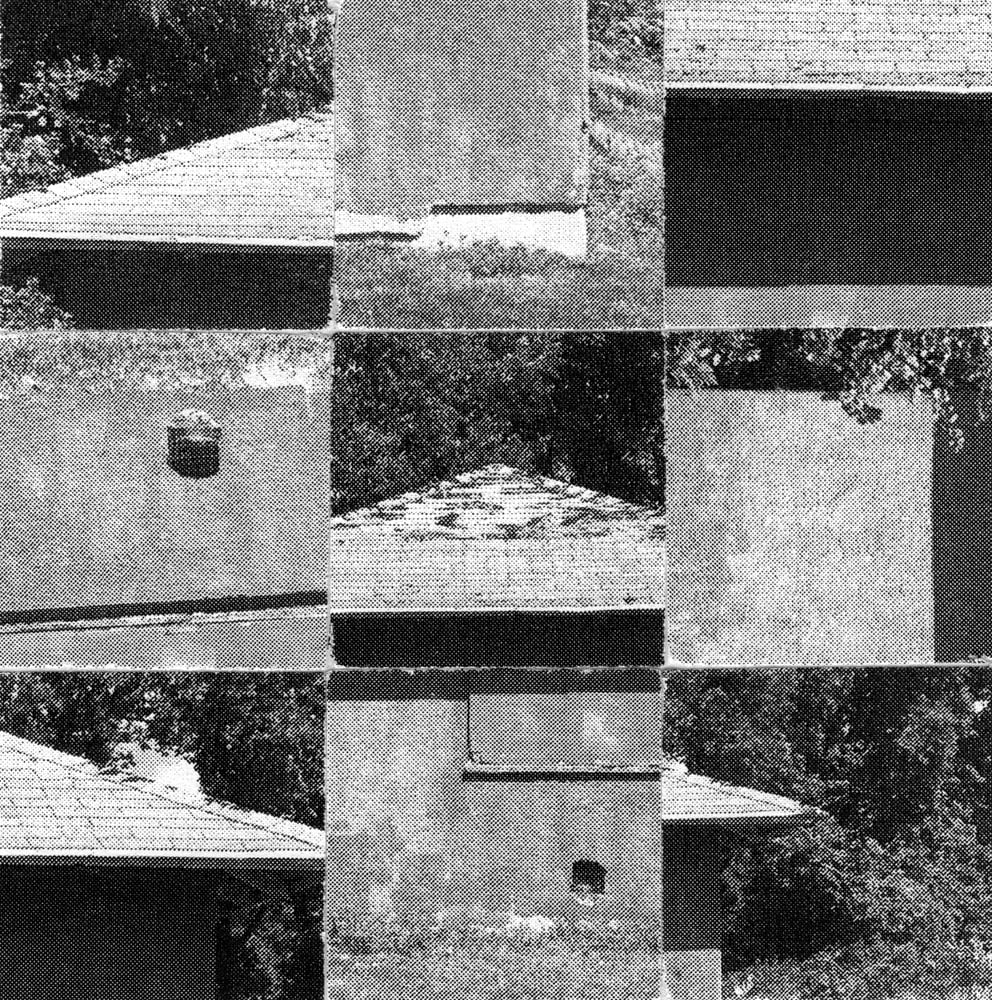 Nine-tile black-and-white collage of cropped building walls, roof edges and foliage.