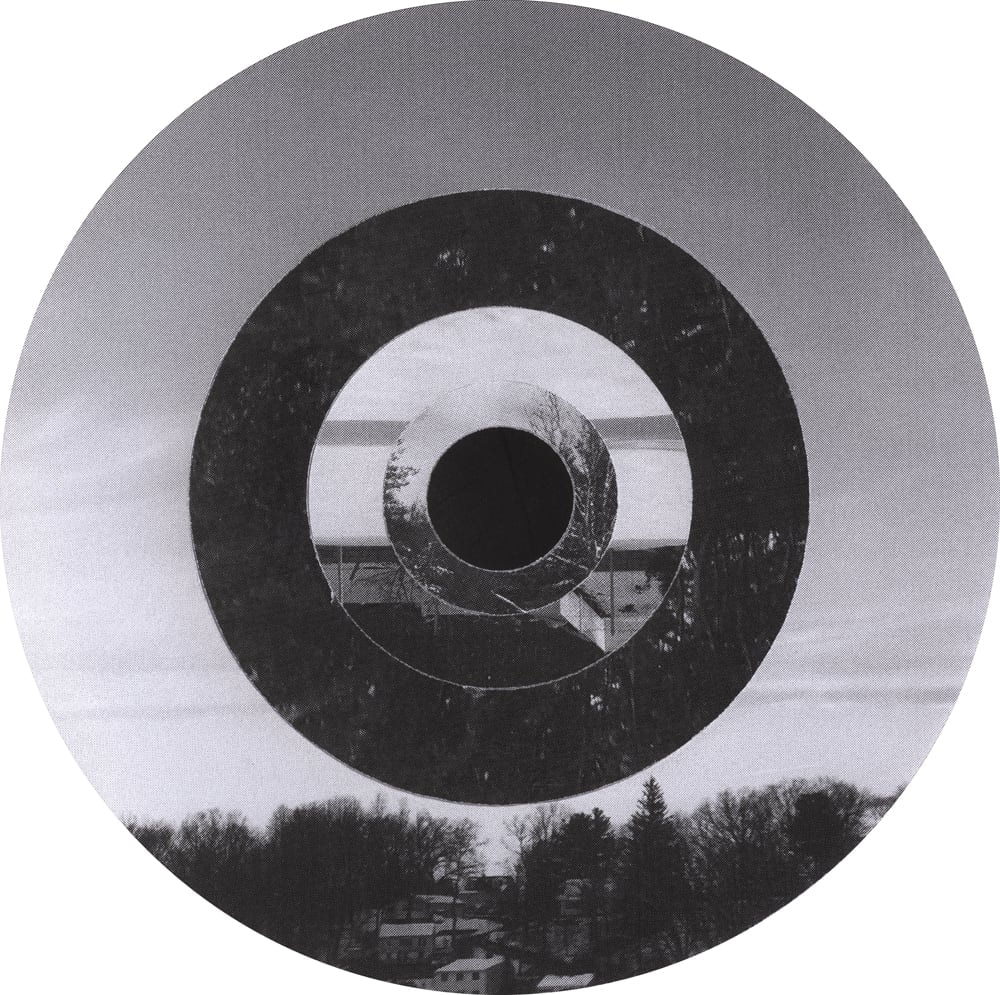Circular black-and-white sky and tree-line collage with dark concentric photographic rings.