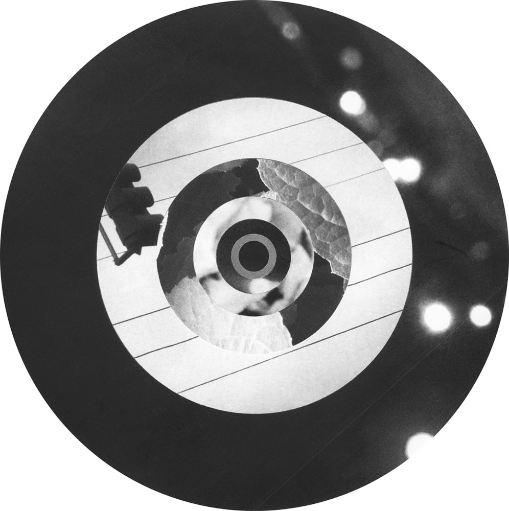 Circular black-and-white collage combining blurred light spots, horizontal siding and flower fragments in concentric rings.
