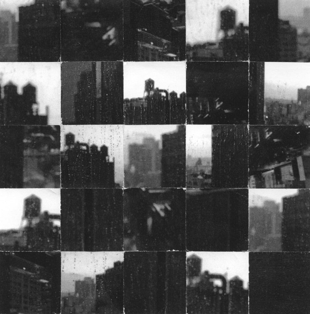 Square black-and-white grid collage of cropped buildings, windows and foliage.