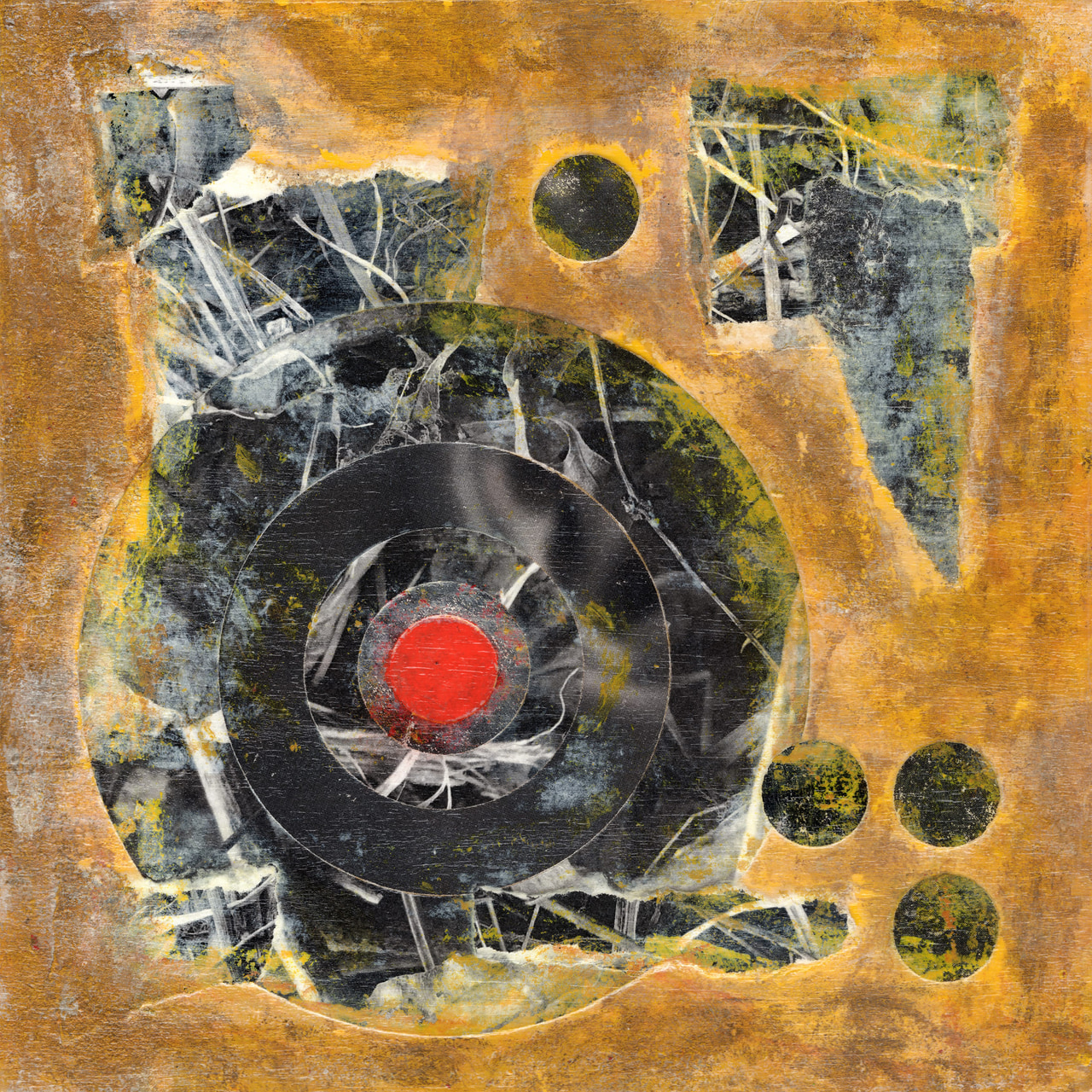 Orange textured collage with twig photographs, dark concentric rings, a red center and small circular cutouts.