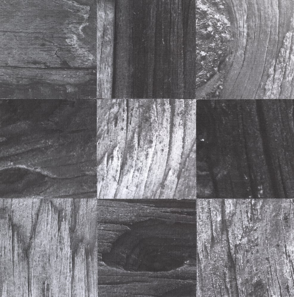 Nine-tile black-and-white wood-grain collage with alternating vertical and horizontal grain.