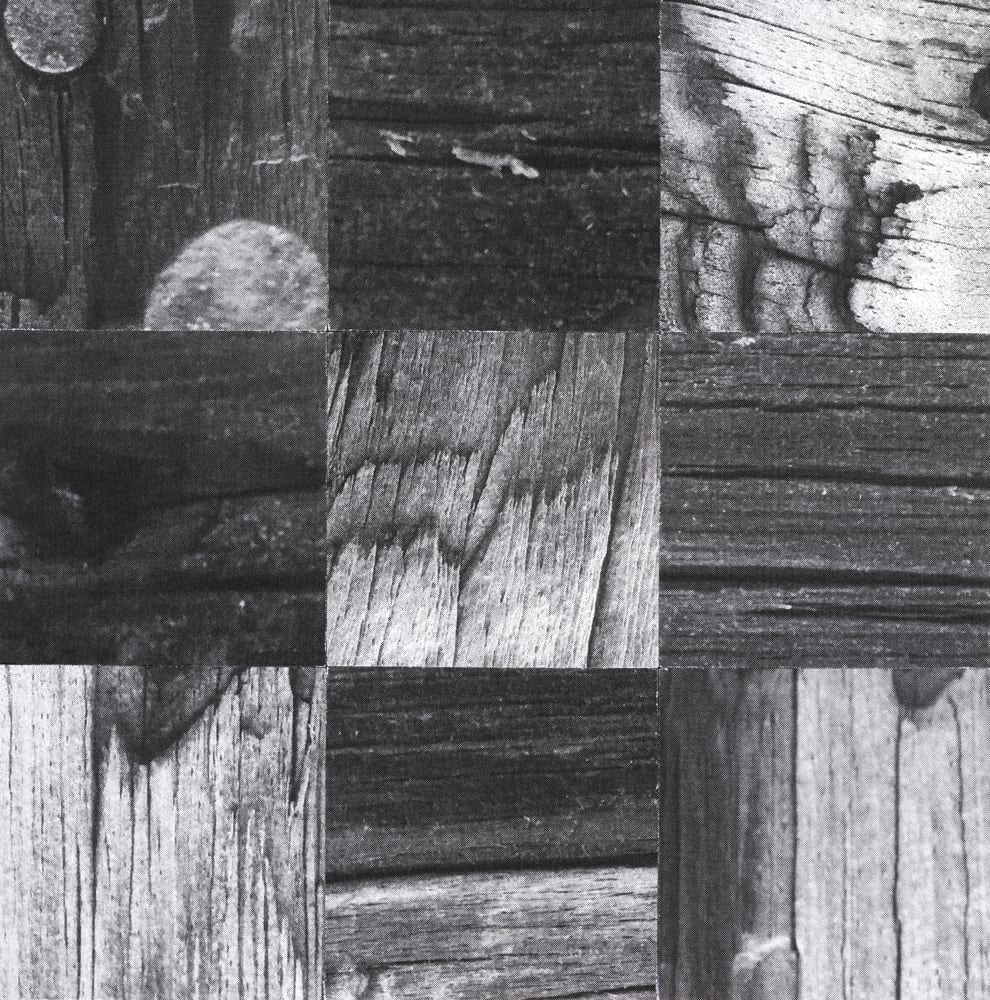 Nine-tile black-and-white collage of cracked bark and wood grain in alternating directions.