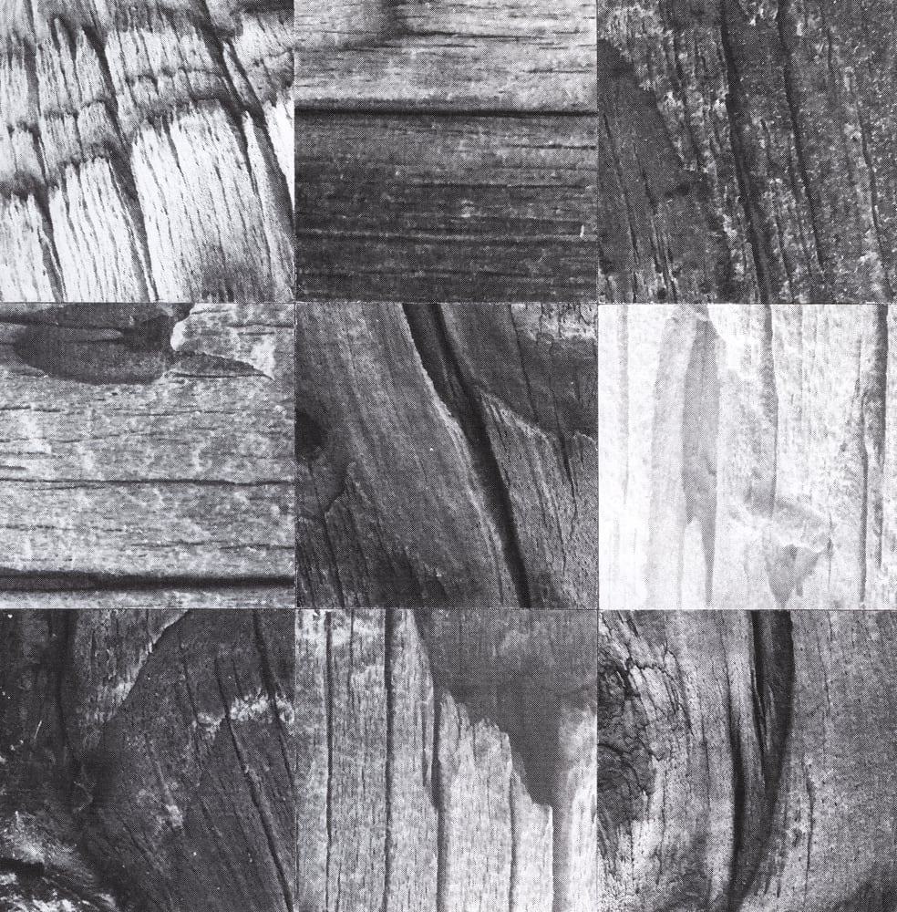 Nine-tile black-and-white collage of wood grain and cracked bark, with alternating grain directions.