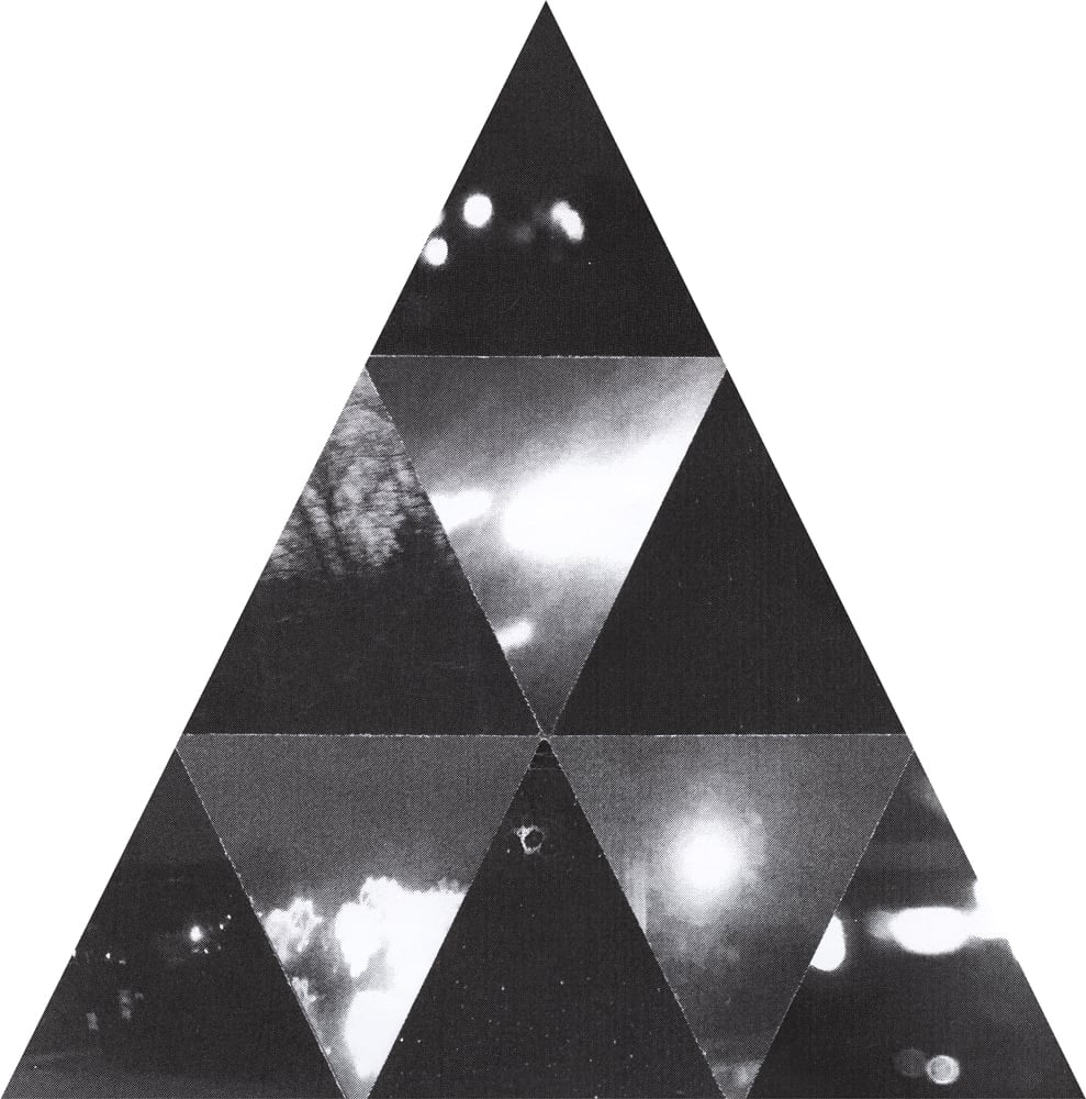 Tall triangular black-and-white collage combining pale light streaks, dark photographic tiles and blurred light spots.