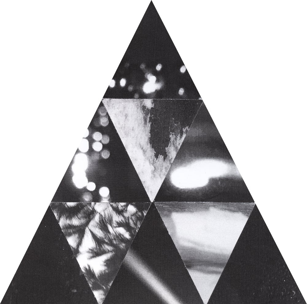 Tall triangular black-and-white collage combining light spots, a pale textured inverted triangle and leaf photographs.