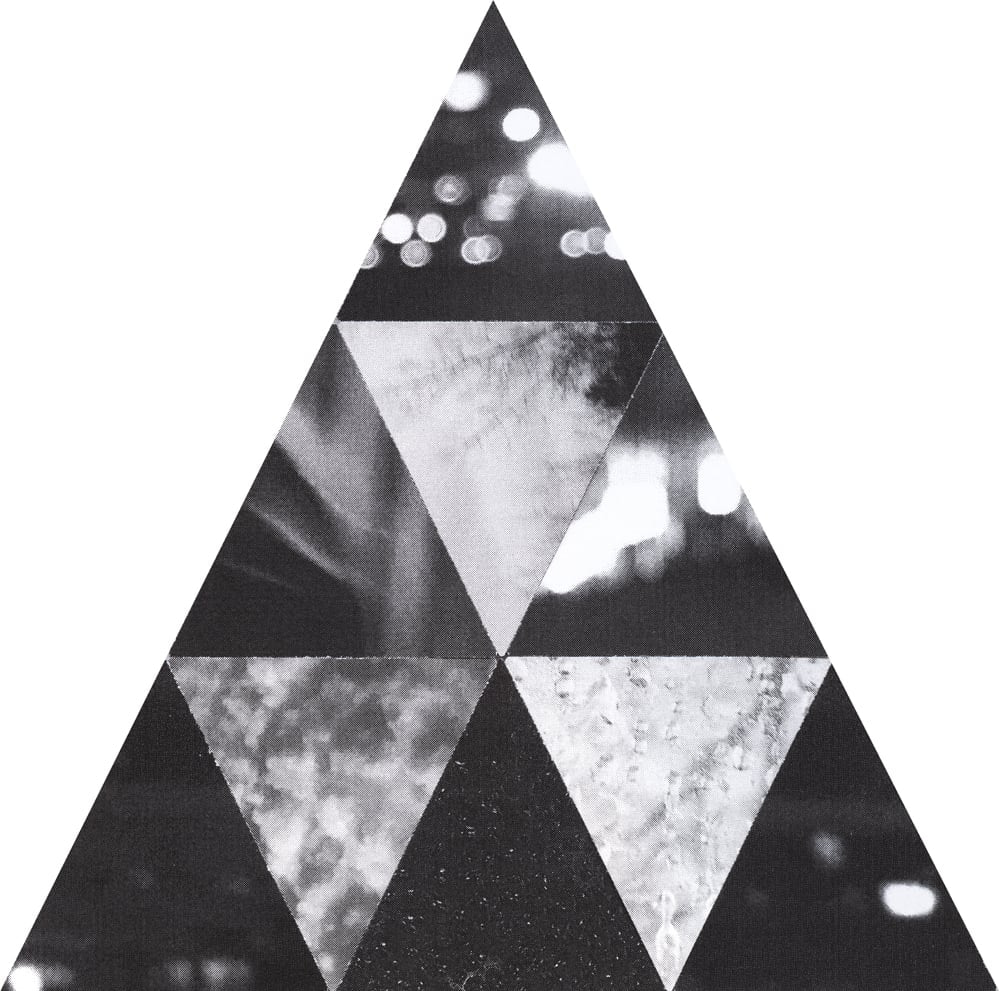 Tall triangular black-and-white collage combining blurred white lights and pale photographic triangles.