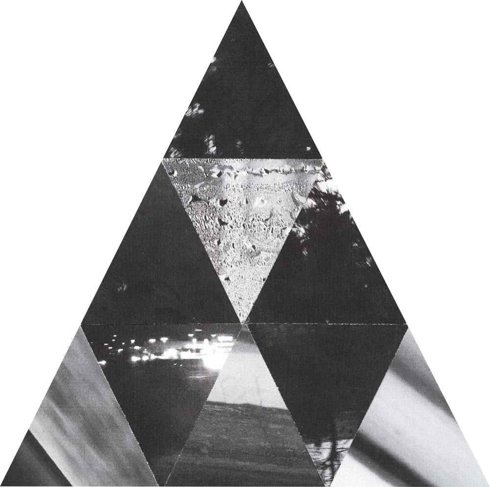 Tall triangular black-and-white collage of pale rough textures, landscape fragments and dark photographs.