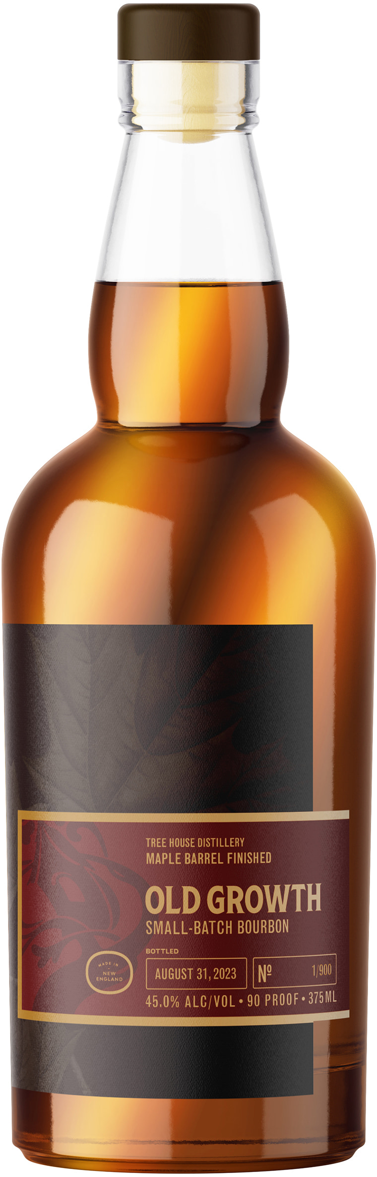Amber Old Growth bottle with a burgundy-and-gold label and gold rules.