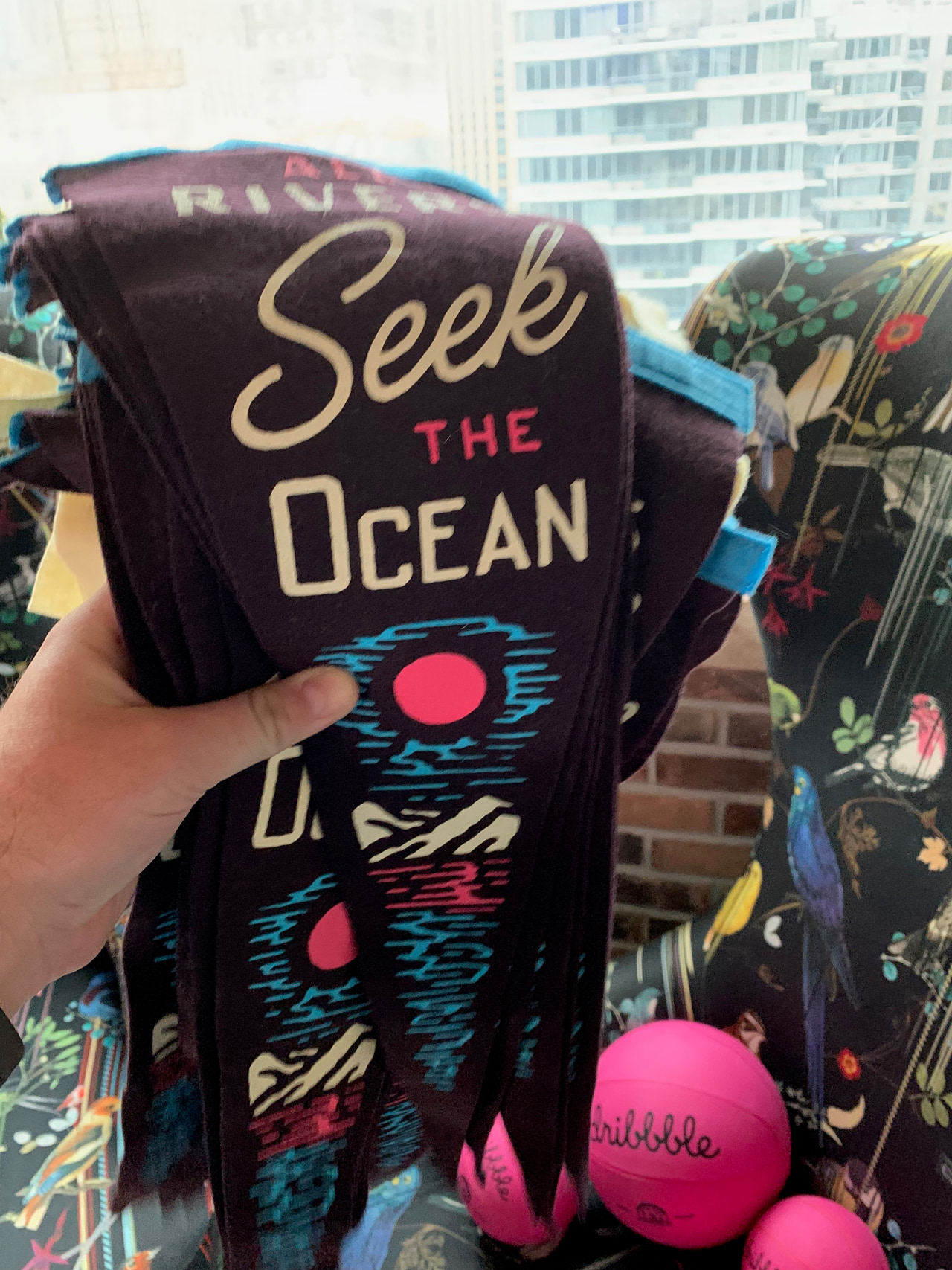 Hand holding dark illustrated lanyards reading Seek the Ocean, beside pink Dribbble basketballs.