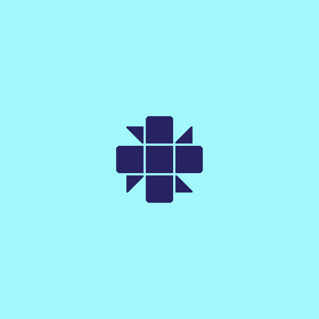 Dark blue geometric ornament made of square and triangular forms, centered on a light cyan background.