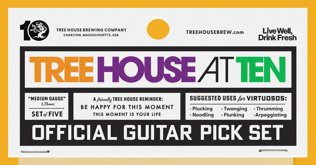 Tree House at Ten official guitar-pick-set card with rainbow lettering, black rules and a yellow border.