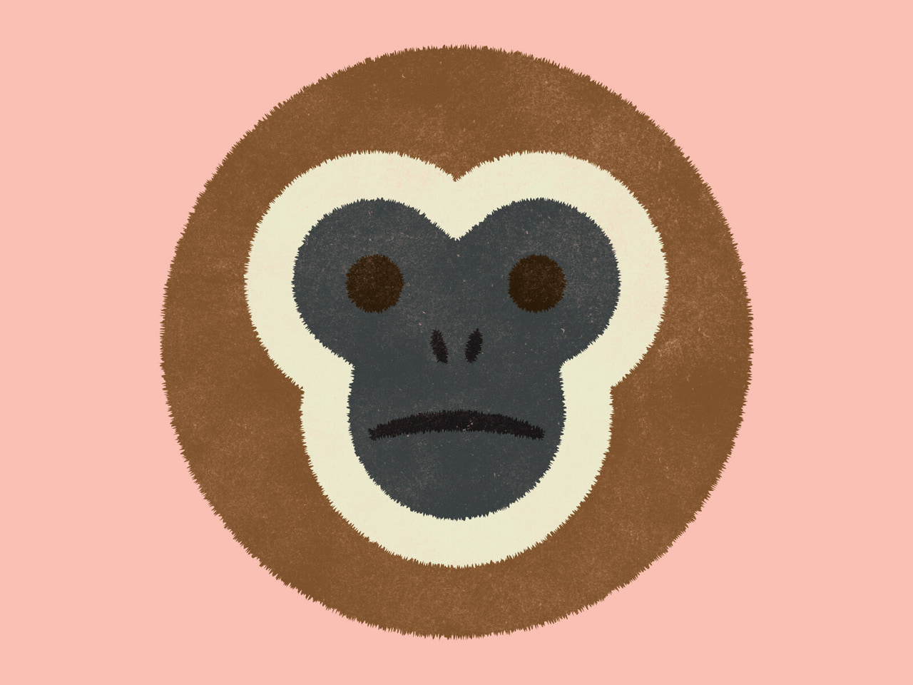 A stylized monkey face within a brown circle on a pink background.