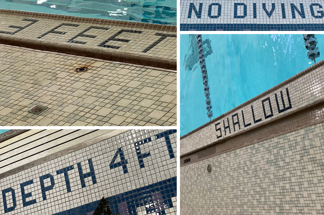 Collage of four pool area close-ups showing tiled depth markers and safety signage.