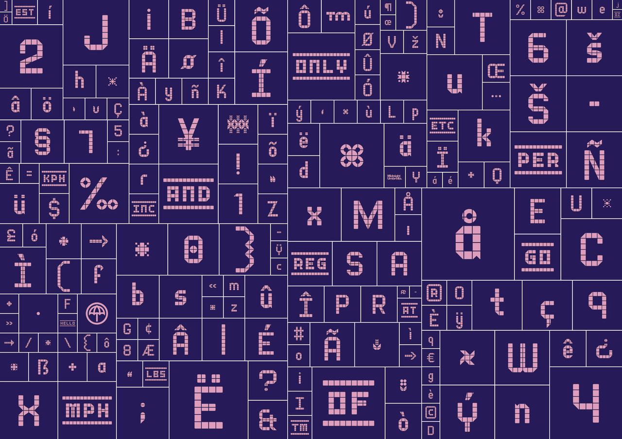 Pool Tile Sans specimen chart arranging geometric letters, numerals, punctuation, symbols and ornaments in a grid of pink tiles on dark purple.