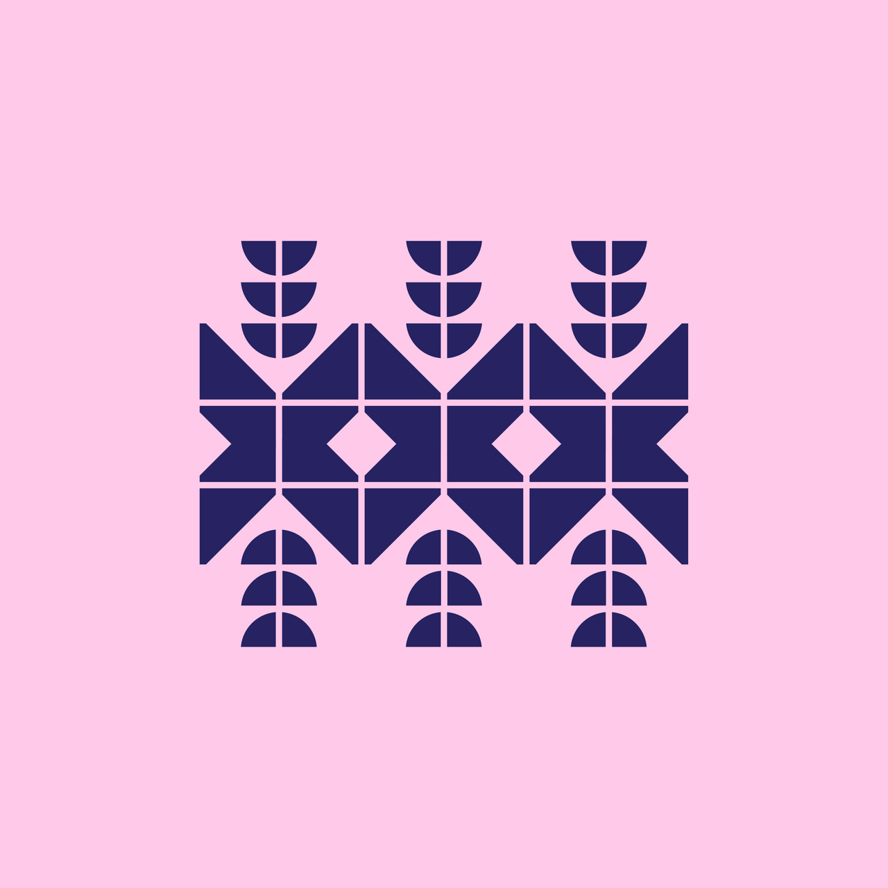 Dark purple ornament combining a central geometric star and leaf-like forms on pink.