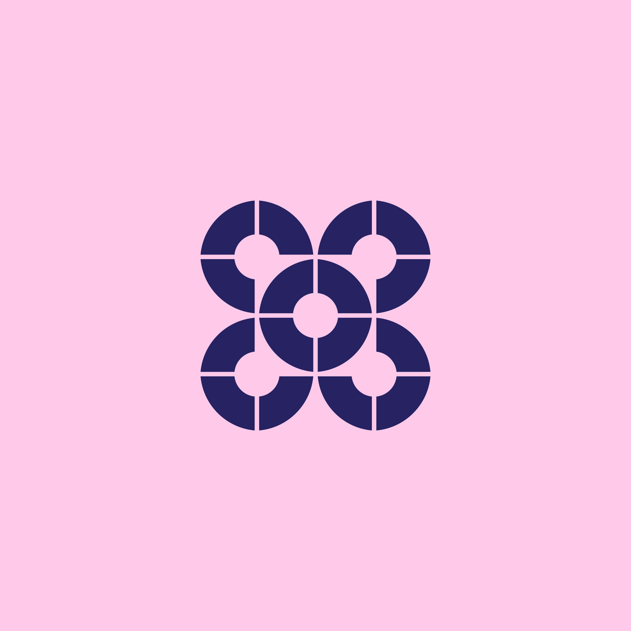Dark purple four-petal flower ornament with a circular center on pink.