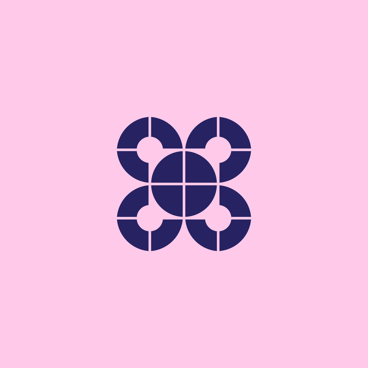 Dark purple four-petal flower ornament with a square center and tile grid on pink.
