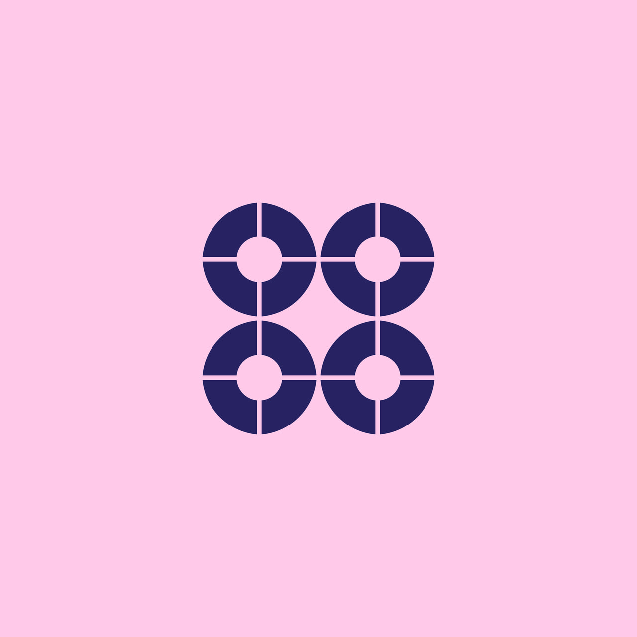 Dark purple four-petal flower ornament with a grid of square center tiles on pink.