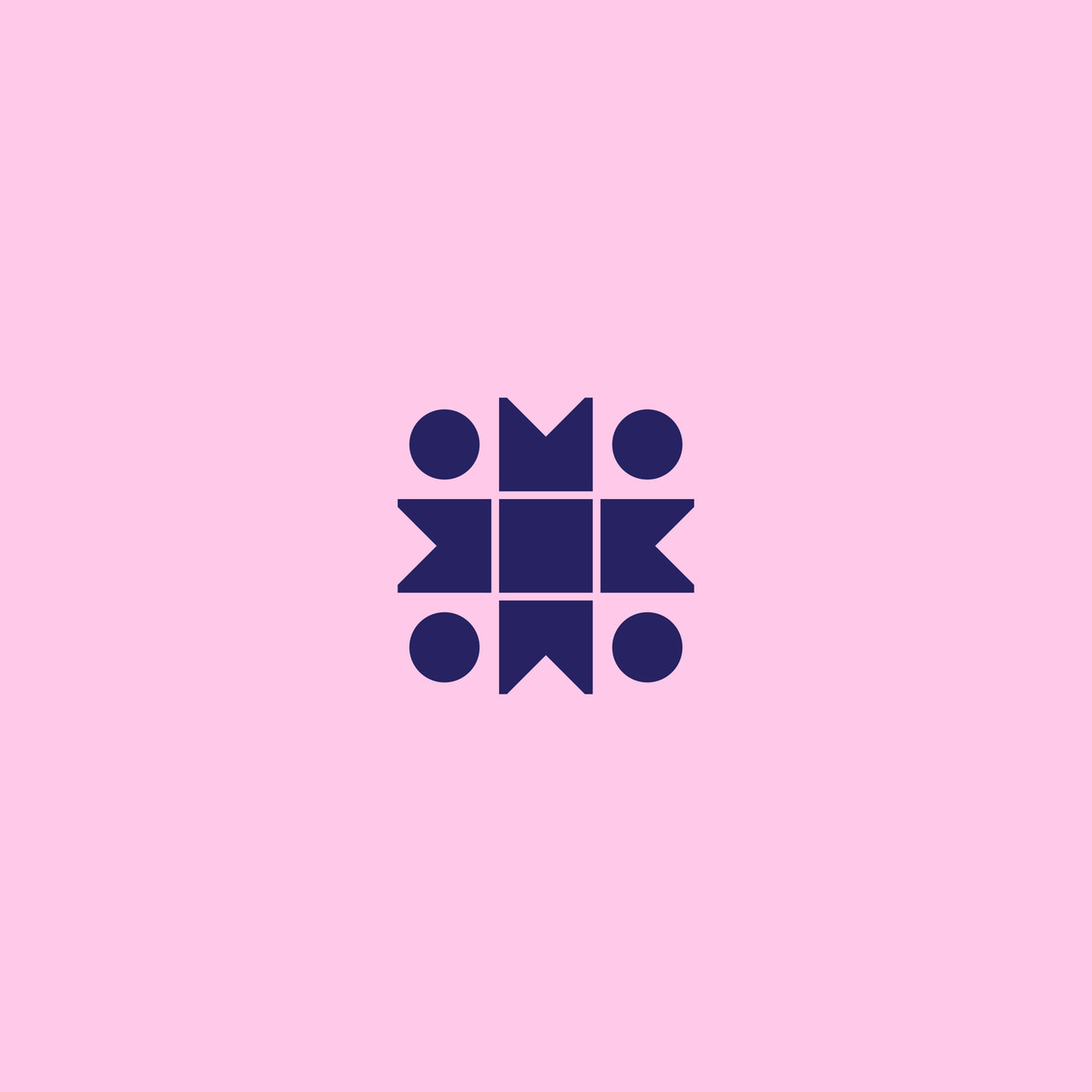 Dark purple cross-shaped ornament with detached circular dots on pink.