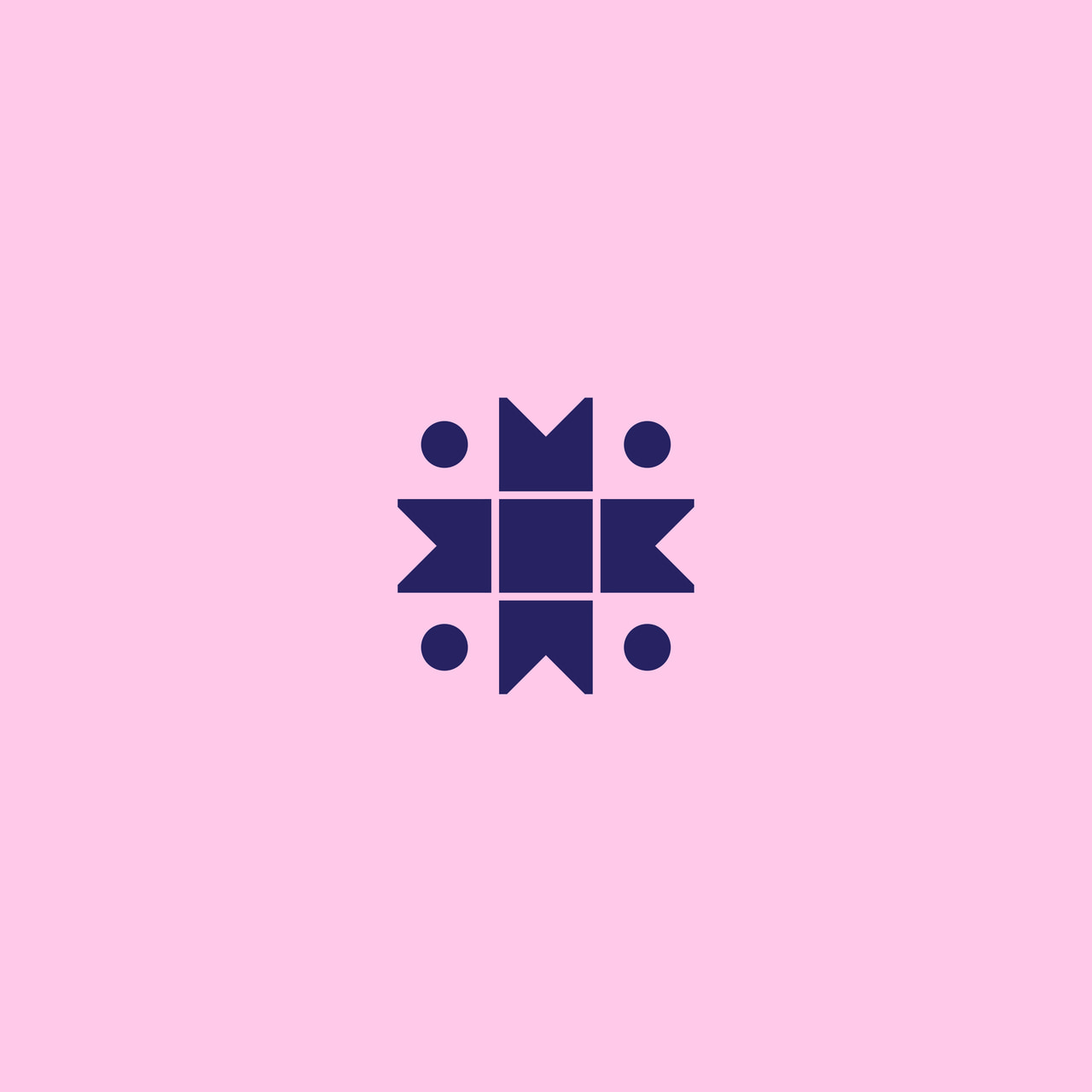 Dark purple cross ornament with four detached circular dots on pink.