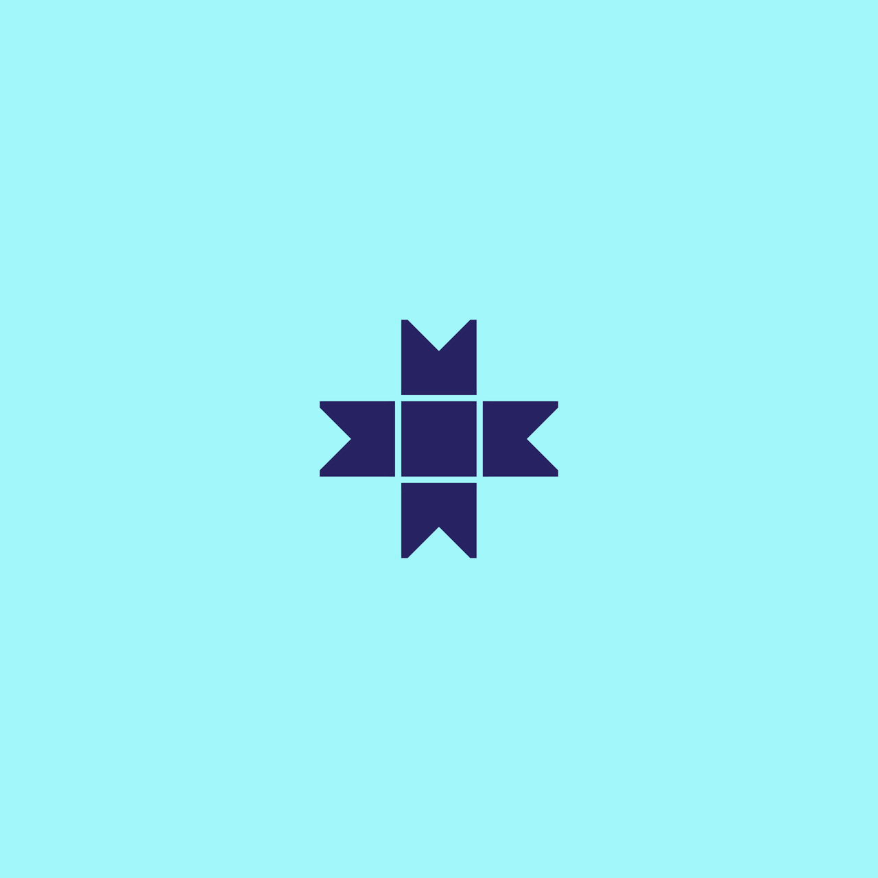 Dark purple cross-shaped ornament of rectangles and triangles on pale cyan.