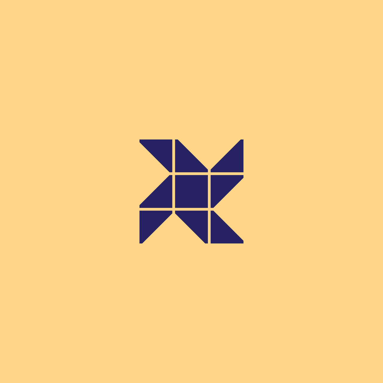 Dark purple pinwheel ornament built from triangles around a square center on yellow.