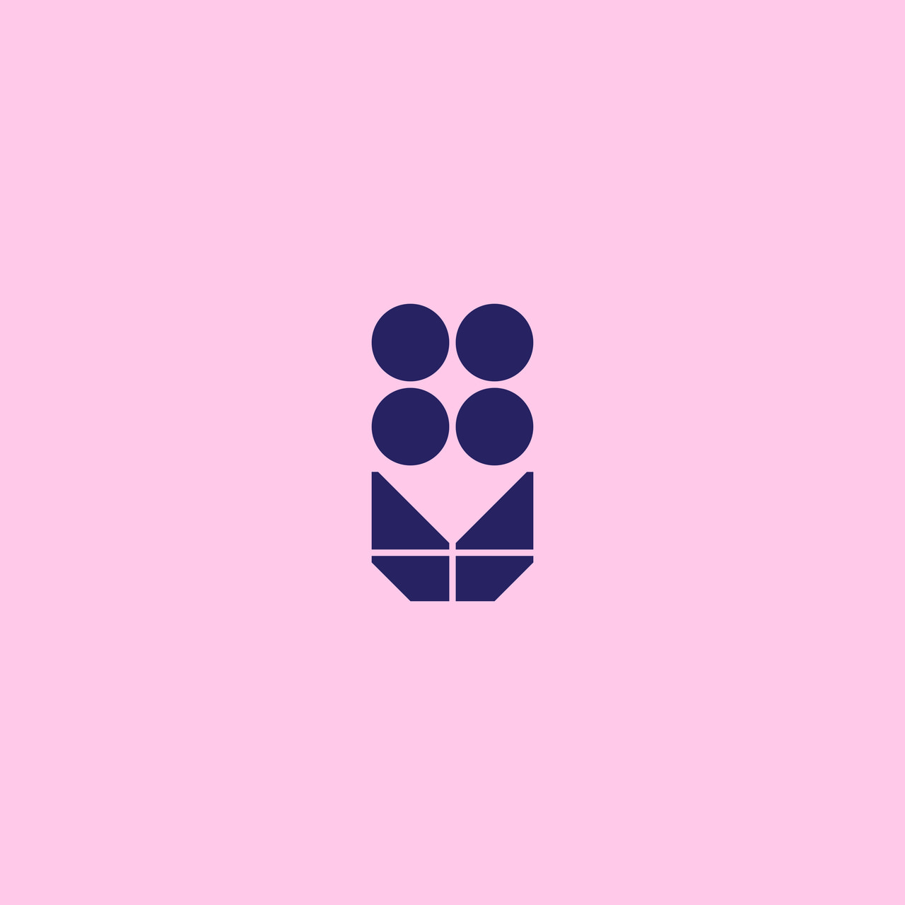 Dark purple flower ornament with four circular dots above an angular leaf base on pink.