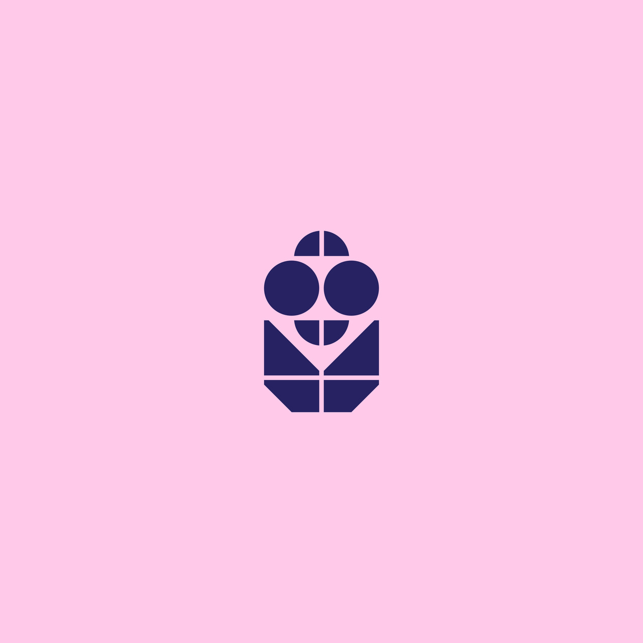 Dark purple flower ornament combining circles, semicircles and angular leaves on pink.