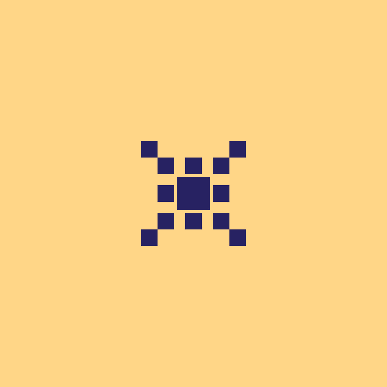 Dark purple ornament with a central square and small squares extending diagonally on yellow.