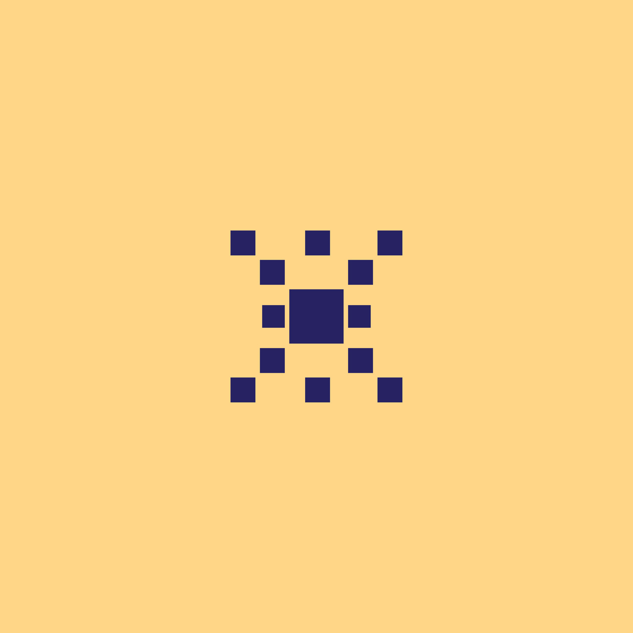 Dark purple cross ornament surrounded by small square dots on yellow.
