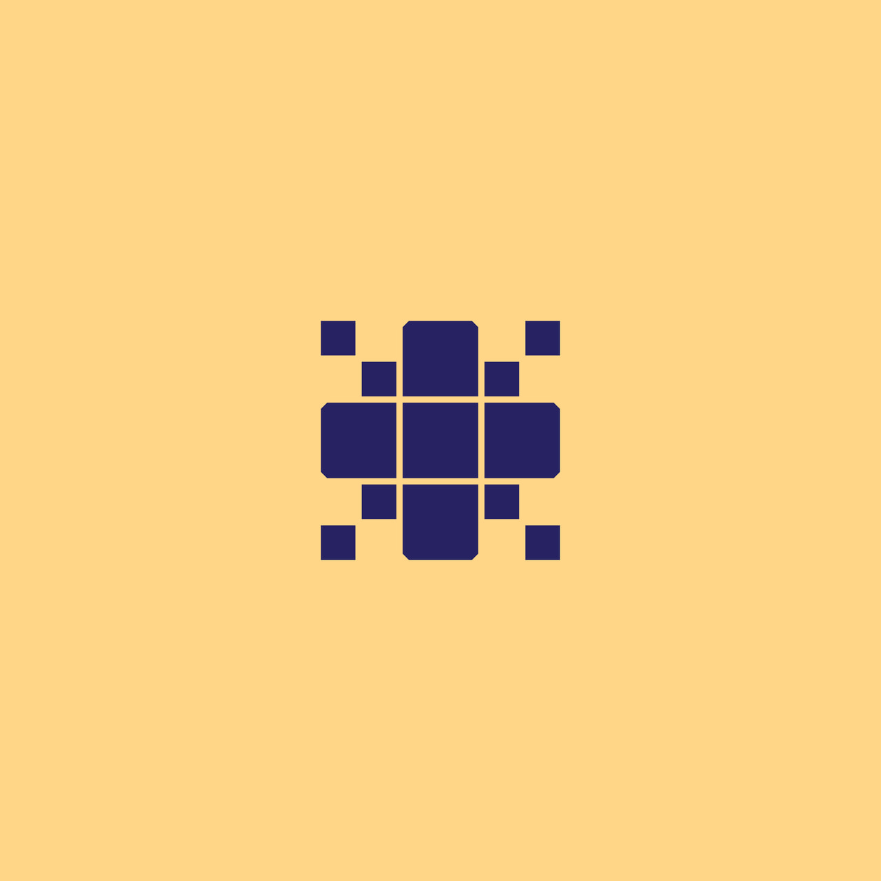 Rounded dark purple cross ornament with small detached squares on yellow.
