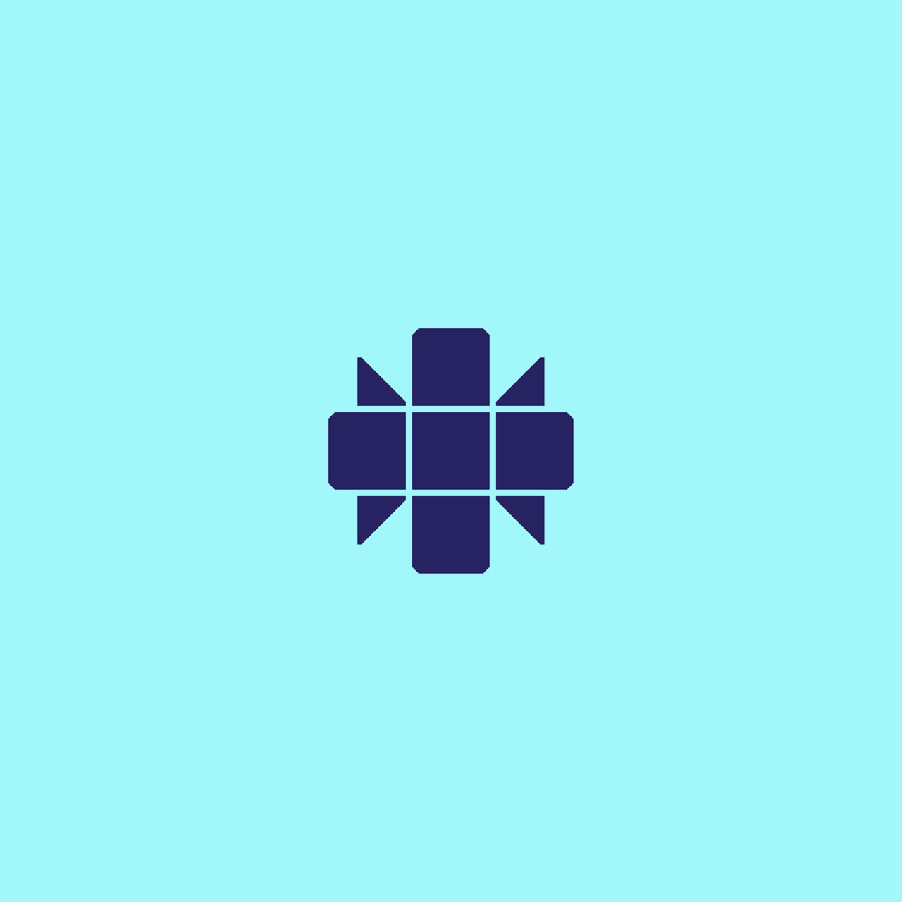Dark purple cross ornament with triangular points on pale cyan.
