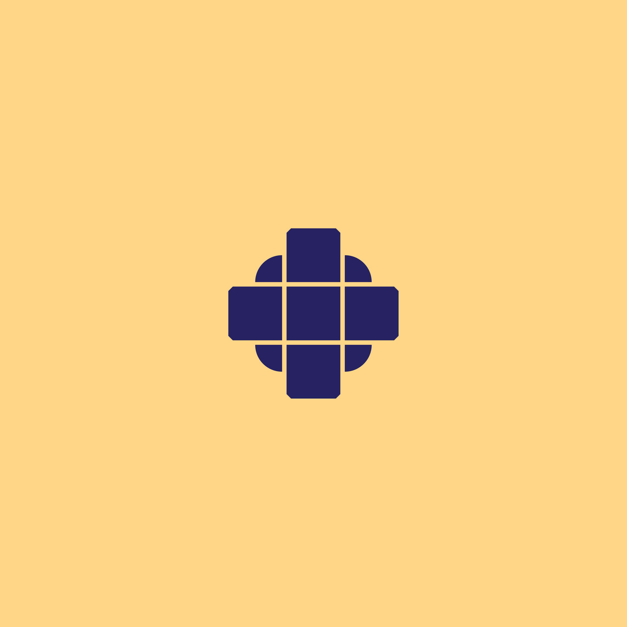 Rounded dark purple cross ornament on yellow.