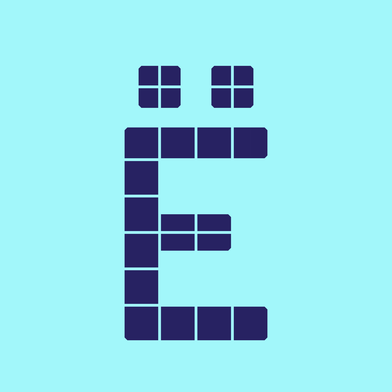 Geometric uppercase E with two square-tiled umlaut dots in dark purple on cyan.