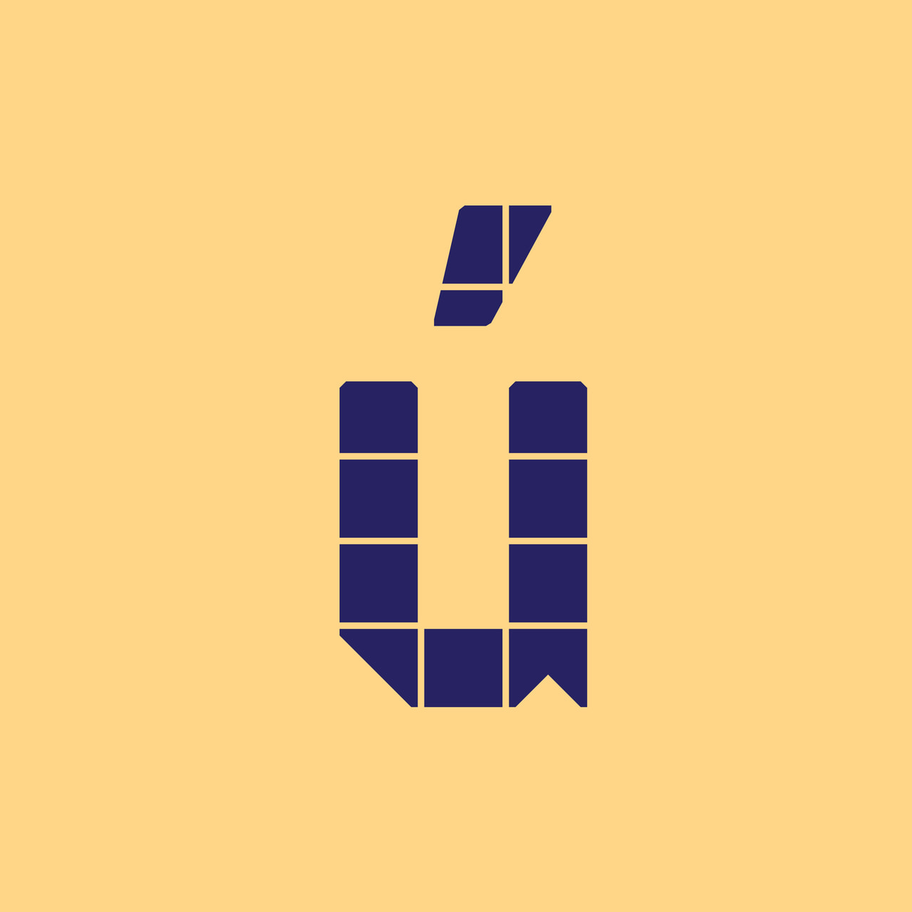 Geometric lowercase u with an acute accent in dark purple on yellow.