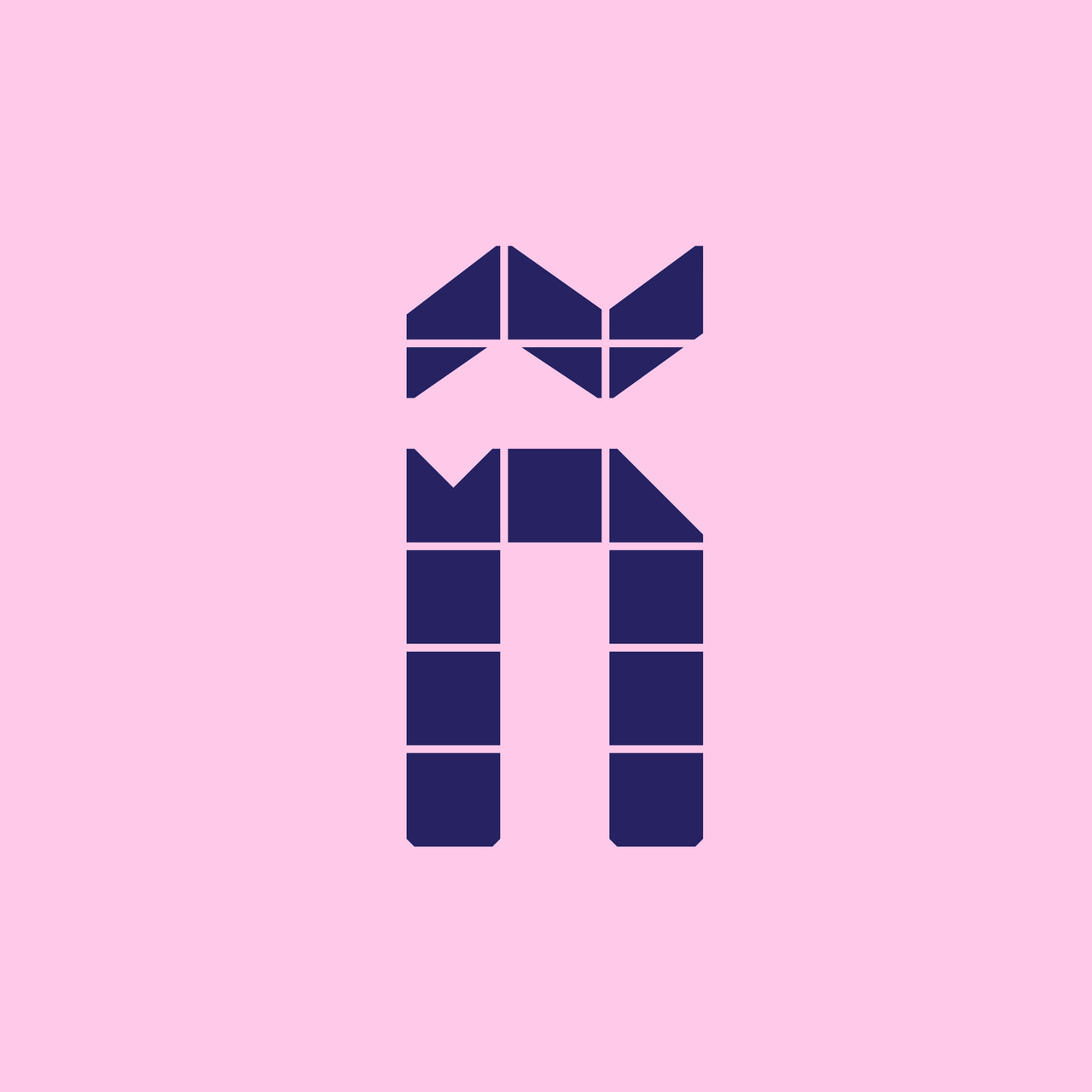 Geometric lowercase n with an angular tilde in dark purple on pink.
