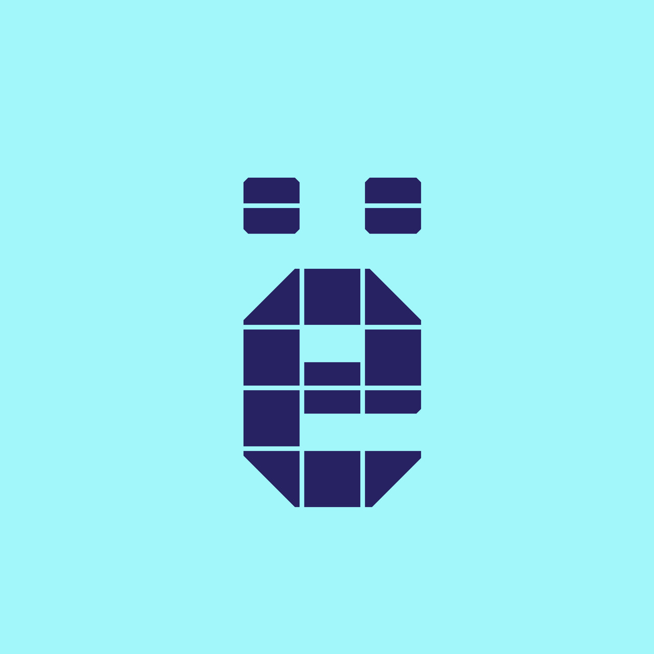 Geometric lowercase e with two umlaut dots in dark purple on cyan.