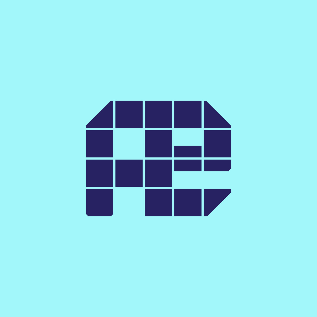 Geometric joined ae ligature in dark purple on cyan.
