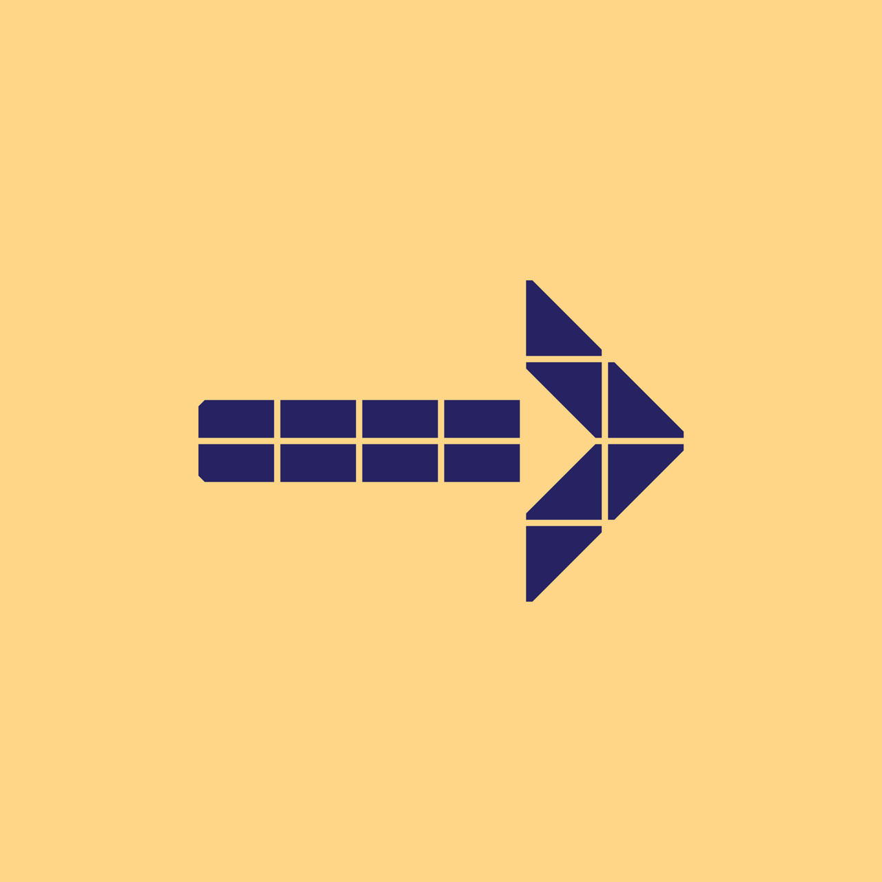 Right-pointing arrow assembled from dark purple rectangular and triangular tiles on yellow.