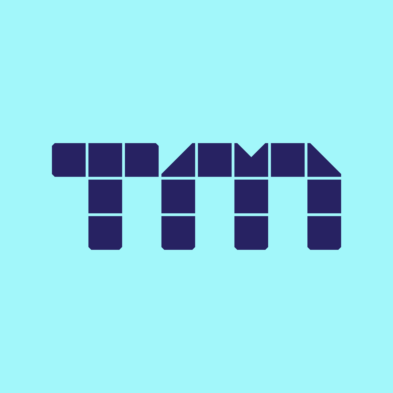 Geometric TM trademark letters joined into a dark purple tile glyph on cyan.