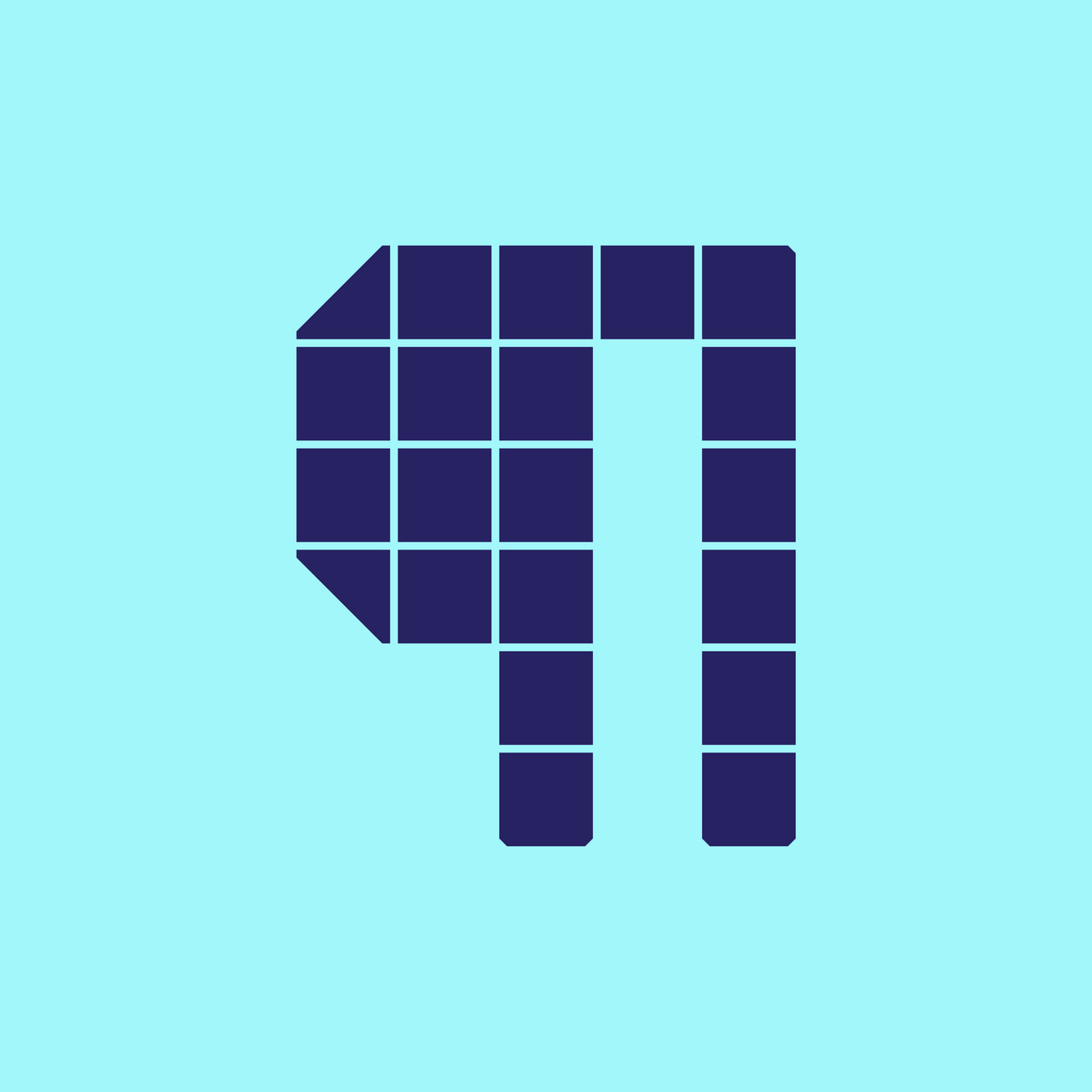 Geometric pilcrow paragraph symbol in dark purple tiles on cyan.