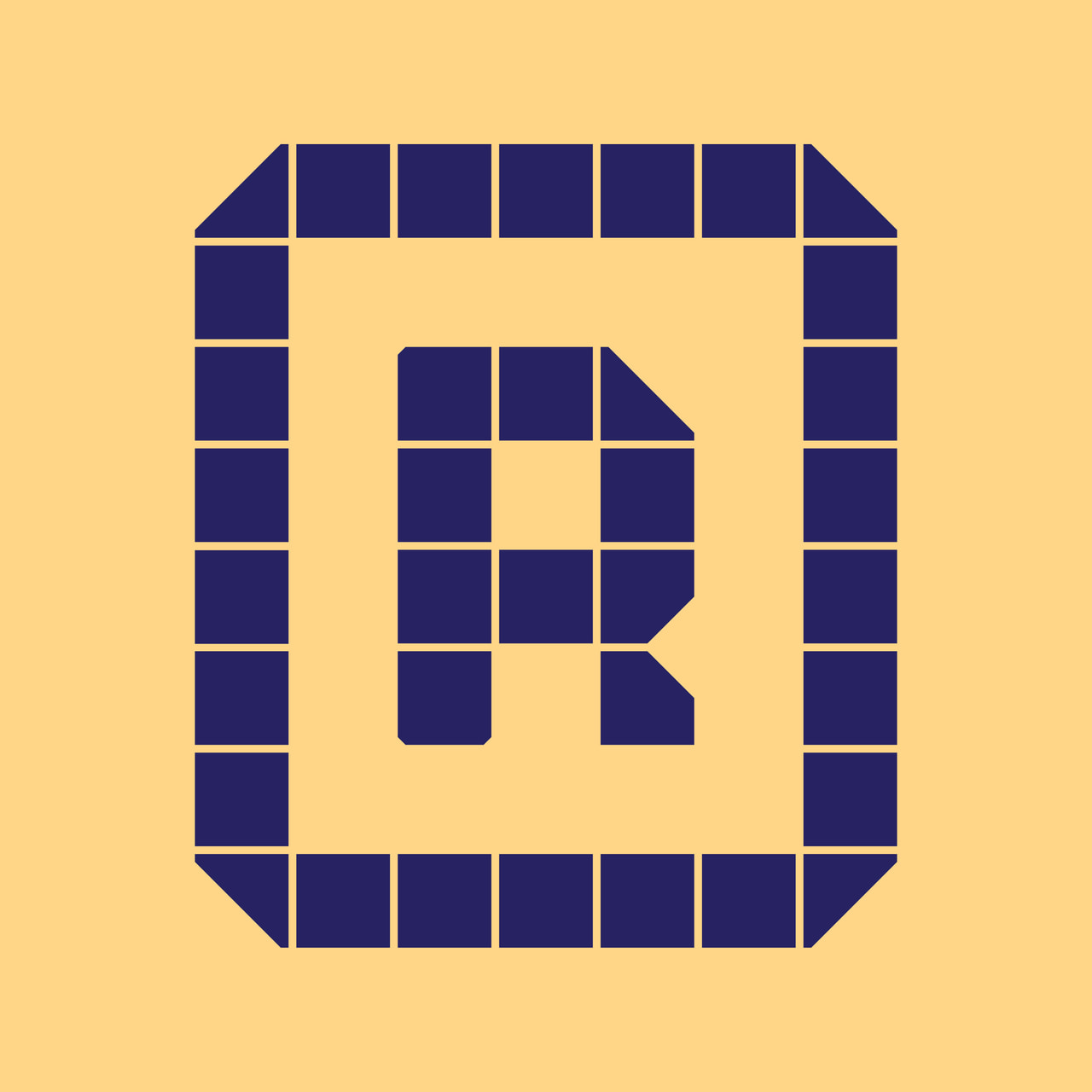 Dark purple R inside a rounded square border built from geometric tiles on yellow.