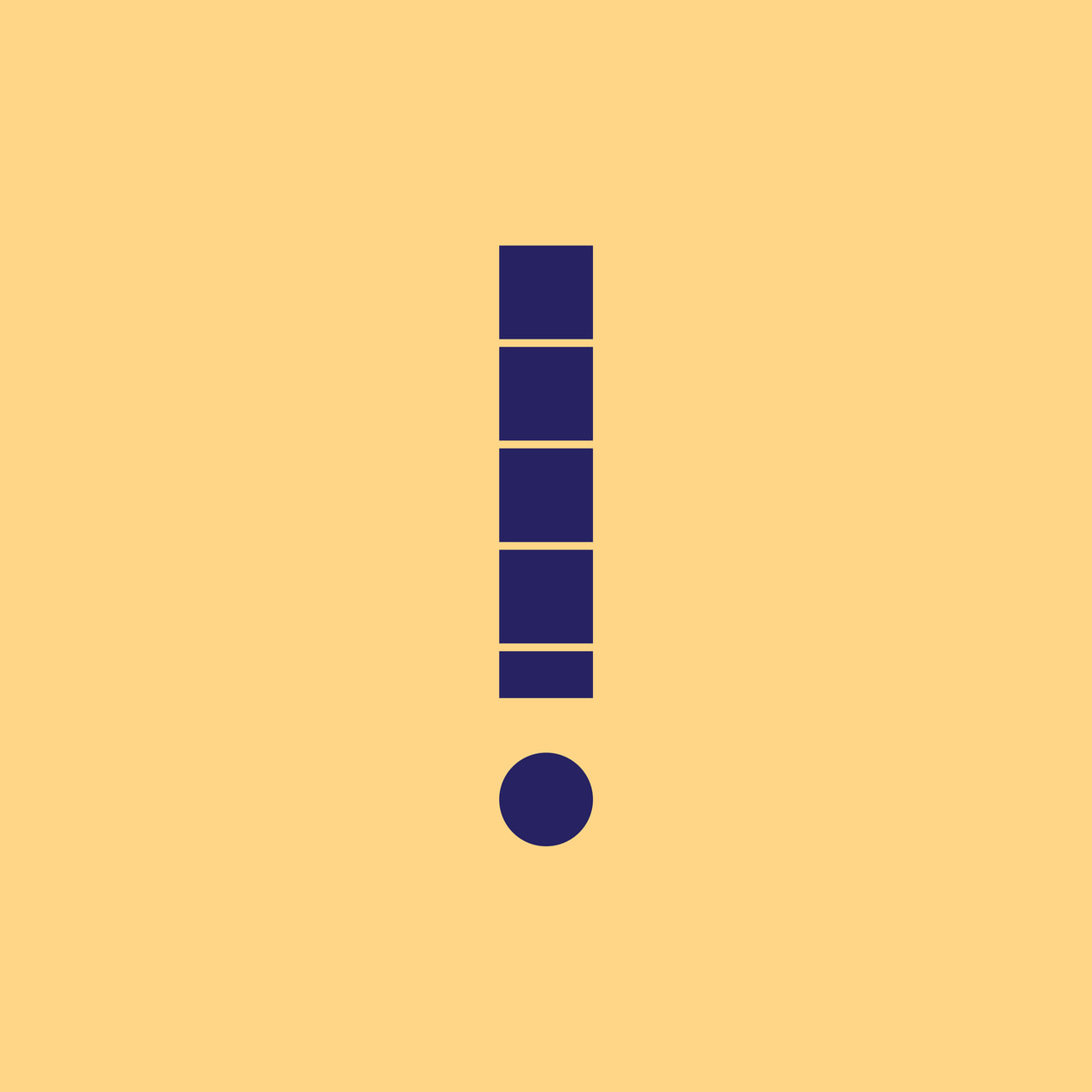 Exclamation mark formed from five dark purple rectangular tiles and a circular dot on yellow.